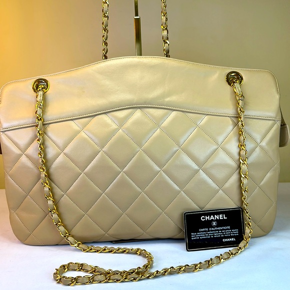 CHANEL Handbags - CHANEL XL Lambskin Beige Quilted Zip Top Card Series 1 1989-91 COA